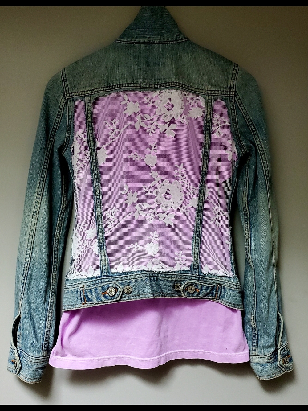 Upcycled Abercrombie & Fitch Light Denim Jacket with  Lace Back